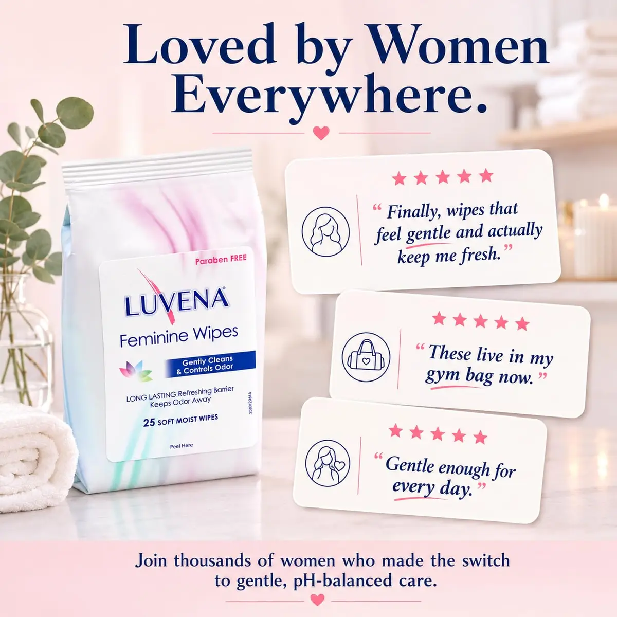 LUVENA Feminine Hygiene Wipes for Women, 75 Count (25 Count x 3 Pouches) | pH-Balanced, Dermatologist Tested - view 9