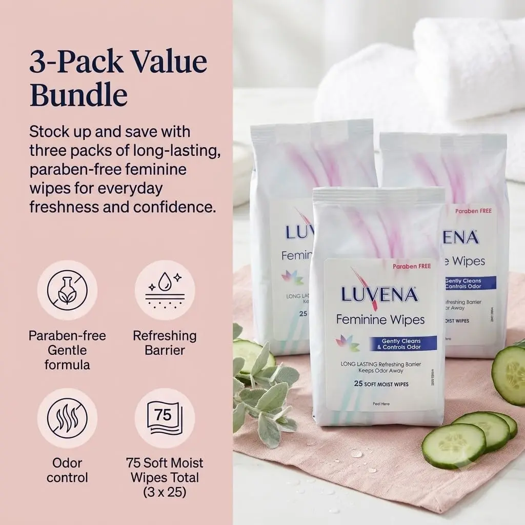 LUVENA Feminine Hygiene Wipes for Women, 75 Count (25 Count x 3 Pouches) | pH-Balanced, Dermatologist Tested - view 2