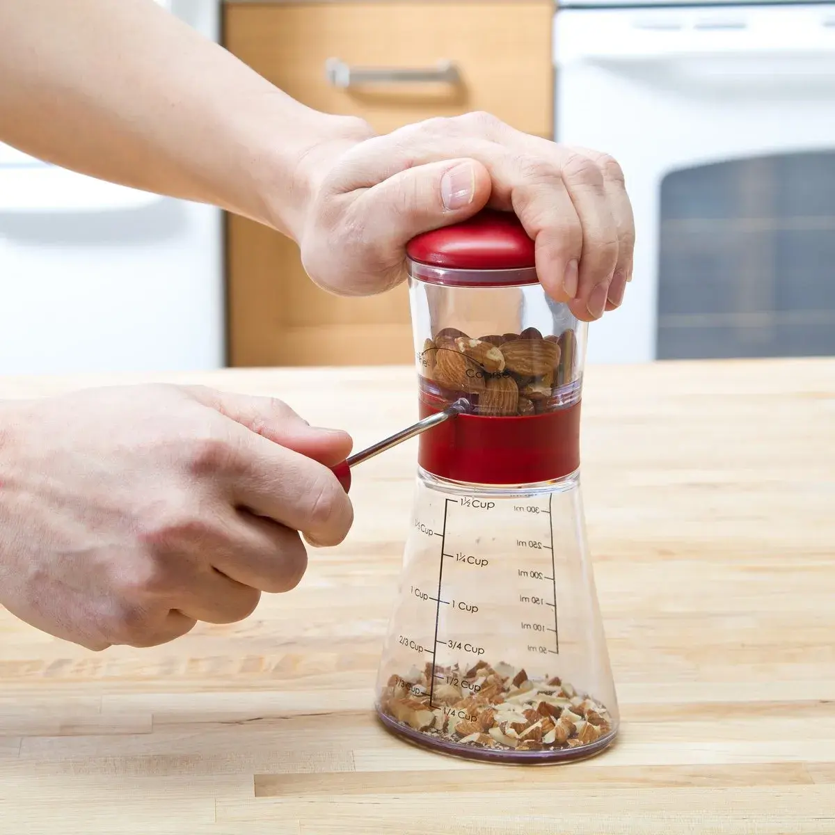 Prepworks by Progressive Nut Chopper with Non-Skid Base, Red | Patented Design with Fine-to-Course Grinding Options & Clear Measurements (1 Unit) - view 3