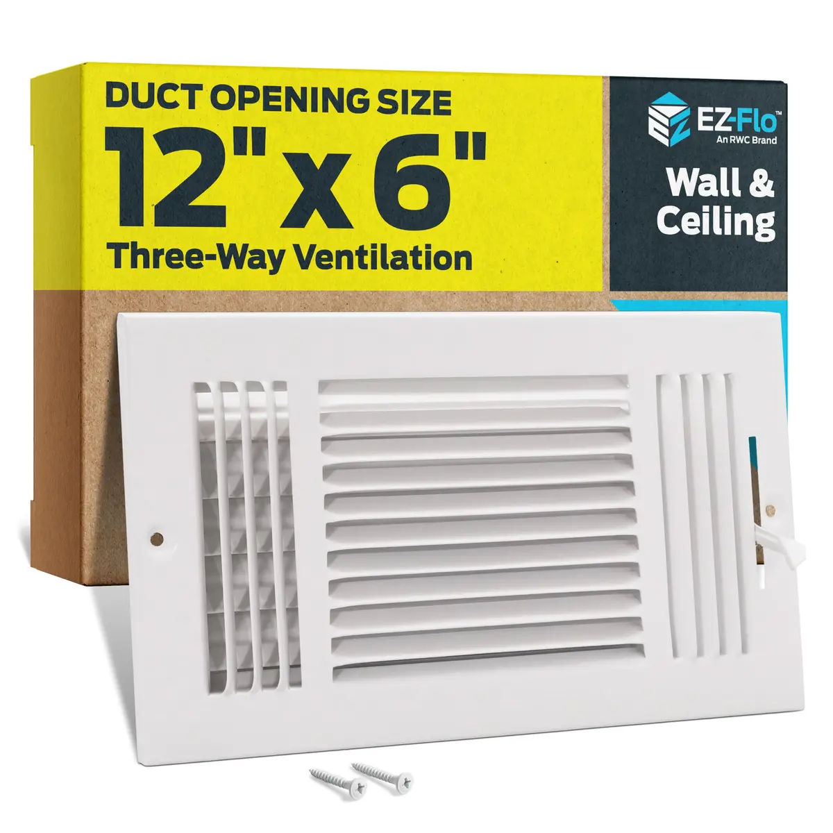 EZ-FLO 12 x 6 Inch White Steel HVAC Vent Cover for Wall or Ceiling | 3-Way Air Deflection - main product image