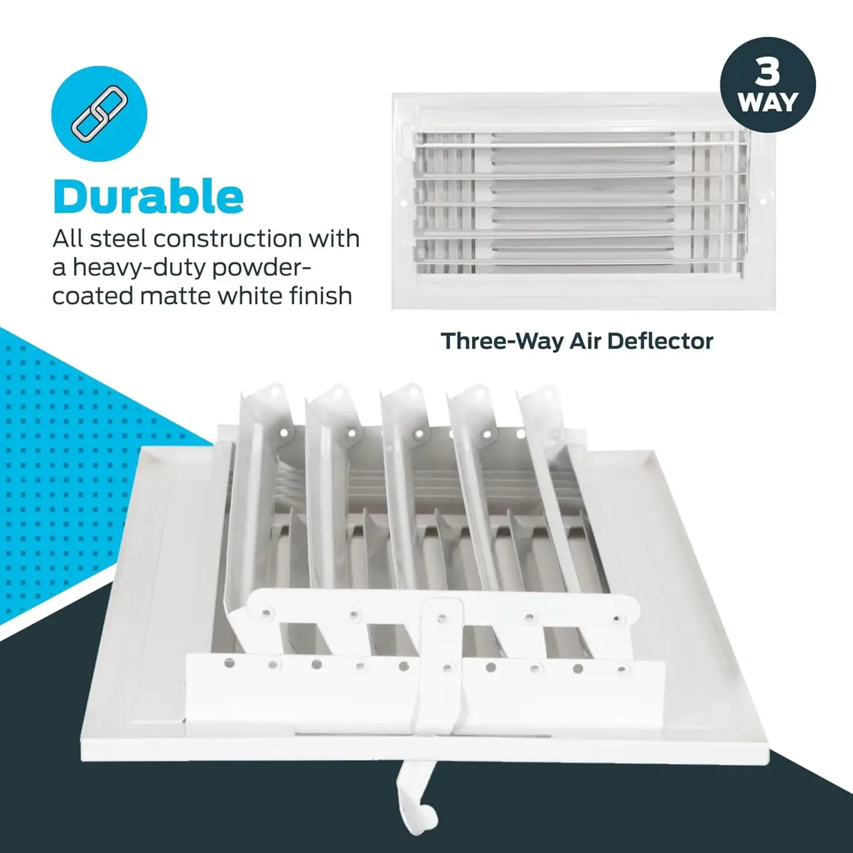 EZ-FLO 12 x 6 Inch White Steel HVAC Vent Cover for Wall or Ceiling | 3-Way Air Deflection - view 7