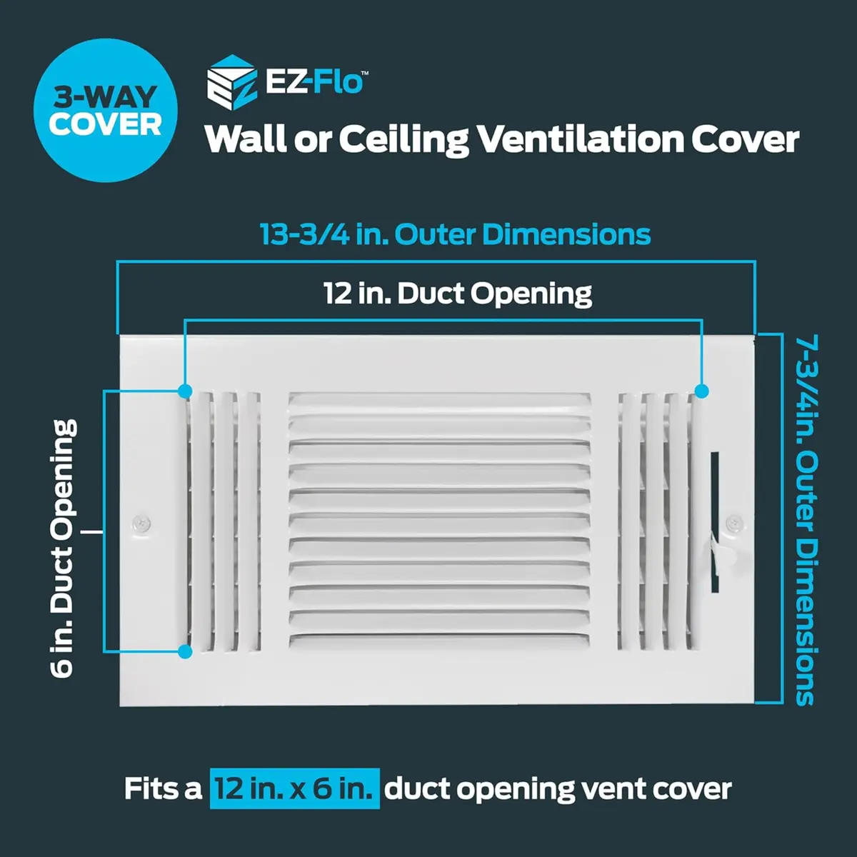 EZ-FLO 12 x 6 Inch White Steel HVAC Vent Cover for Wall or Ceiling | 3-Way Air Deflection - view 2