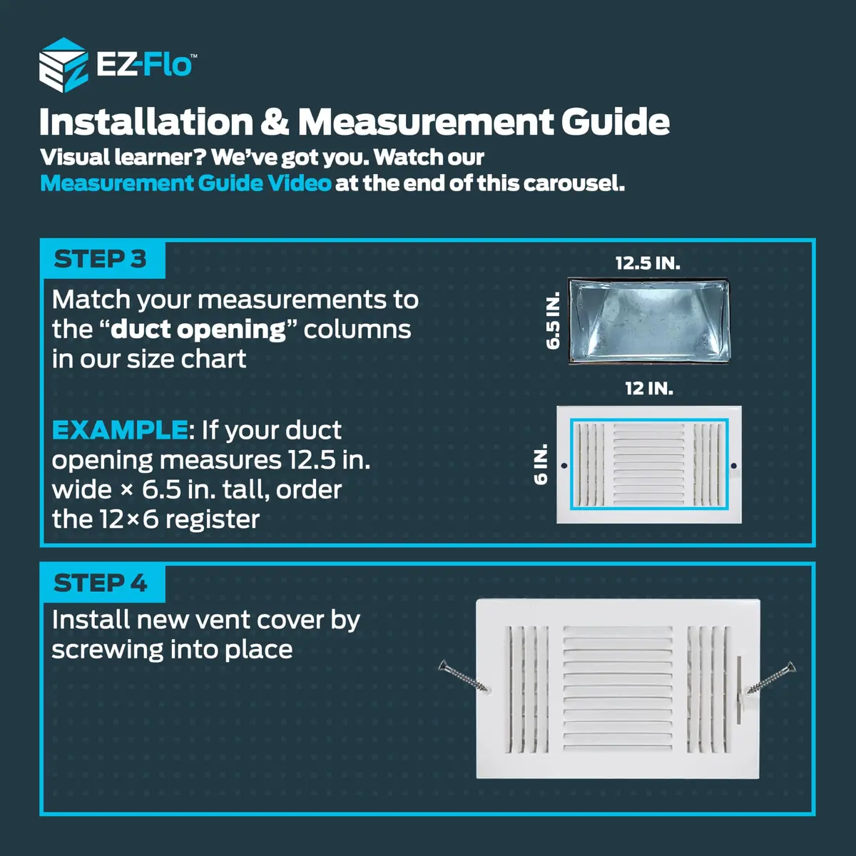 EZ-FLO 12 x 6 Inch White Steel HVAC Vent Cover for Wall or Ceiling | 3-Way Air Deflection - view 4