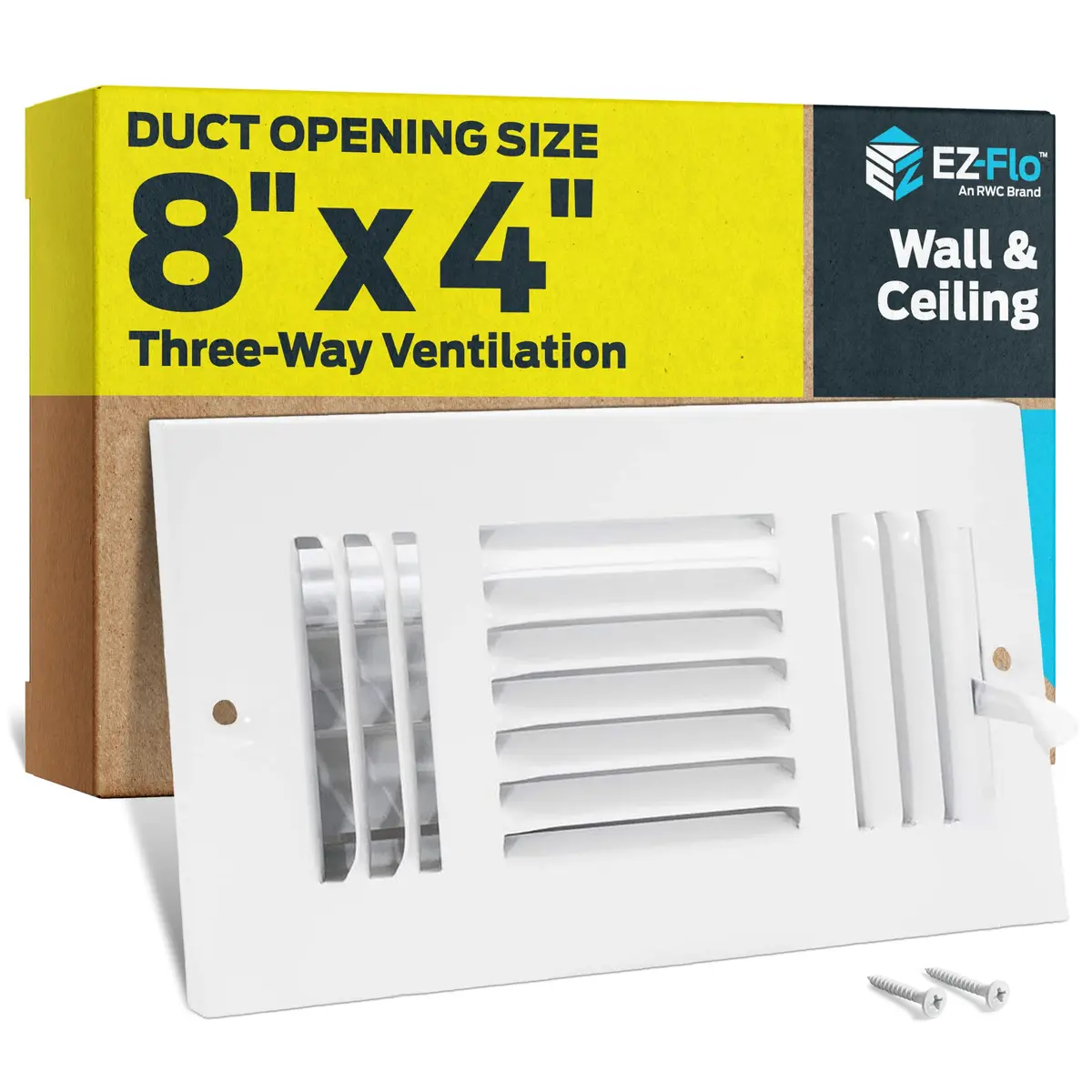 EZ-FLO 8 x 4 Inch Three-Way Steel Ventilation Sidewall/Ceiling Register | Heavy-Duty Steel, Adjustable Damper, Rust-Resistant - main product image