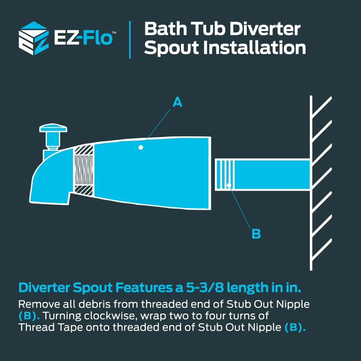 EZ-FLO 5 Inch Zinc Bath Tub Diverter Spout, 1/2 Inch IPS Pipe, Brushed Nickel | Universal Fit for Bathroom Tubs - view 6