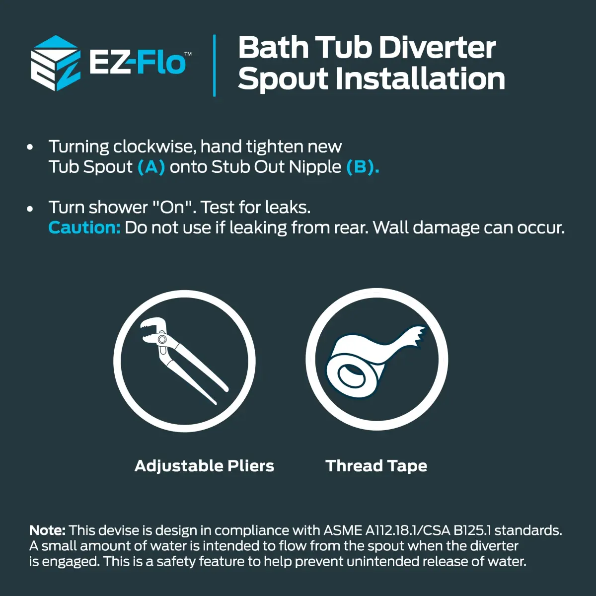 EZ-FLO 5 Inch Zinc Bath Tub Diverter Spout, 1/2 Inch IPS Pipe, Brushed Nickel | Universal Fit for Bathroom Tubs - view 7
