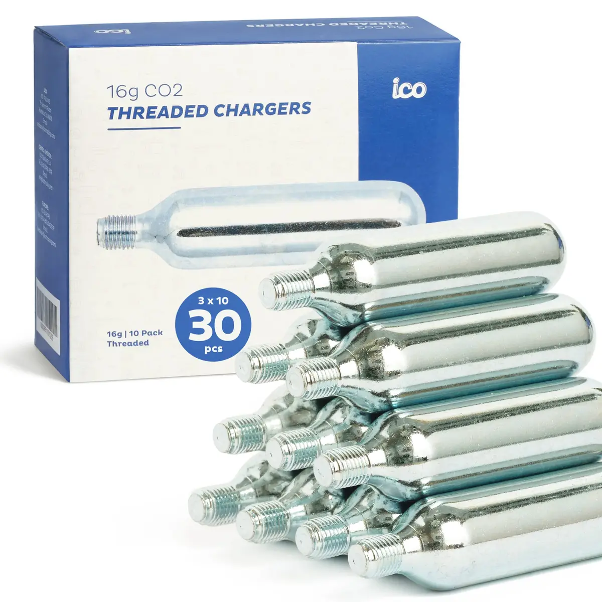ICO 16g Co2 Cartridges (30 pack) | Food Grade, Leak Proof, 100 PSI, Alloy Steel, Portable - main product image