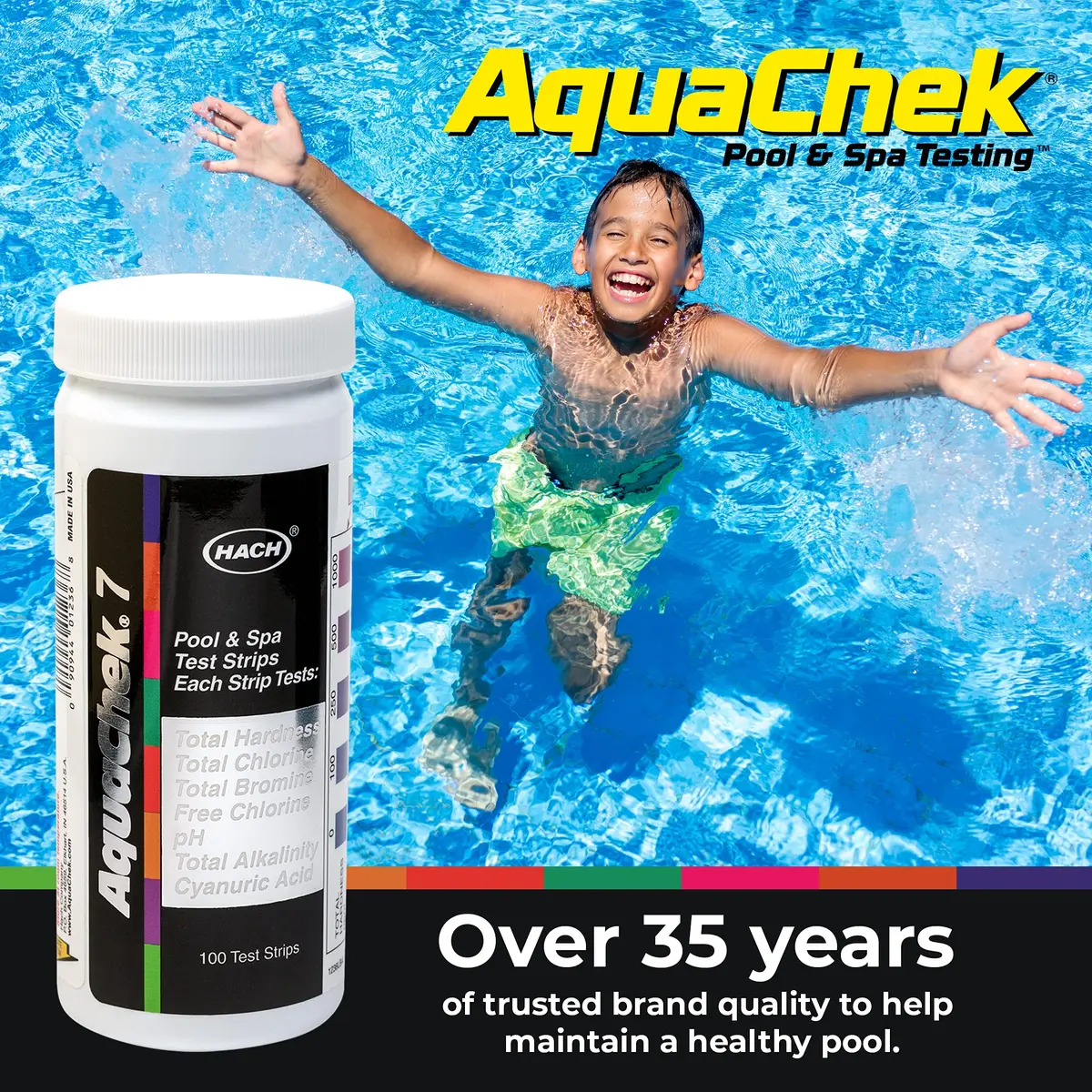 AquaChek 7-Way Pool and Spa Test Strips - 100 Count | Tests pH, Chlorine, Bromine, Alkalinity, Hardness, Cyanuric Acid - view 7