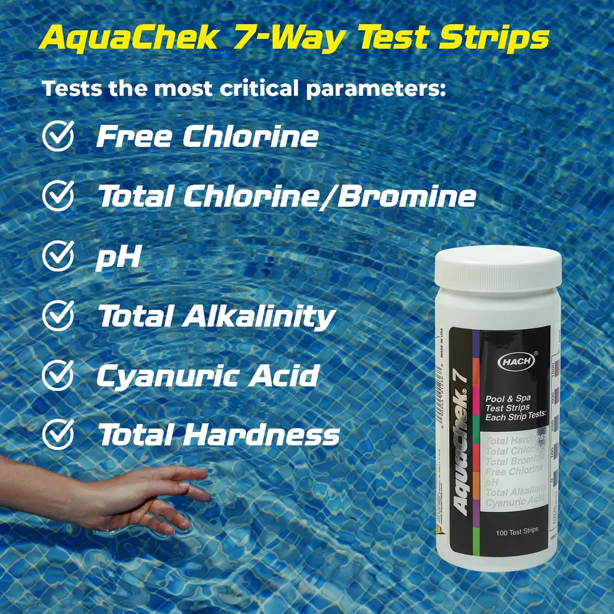 AquaChek 7-Way Pool and Spa Test Strips - 100 Count | Tests pH, Chlorine, Bromine, Alkalinity, Hardness, Cyanuric Acid - view 3