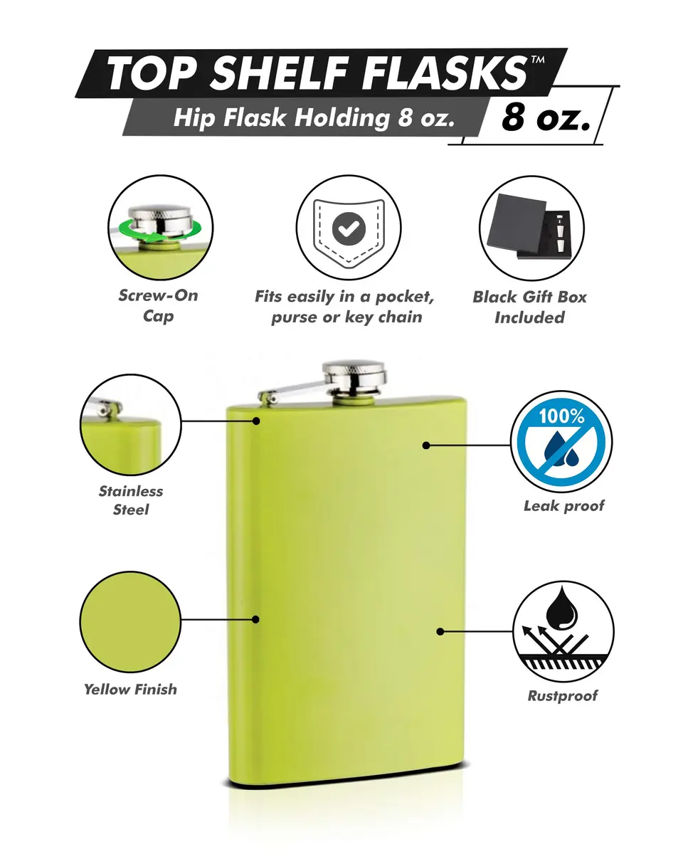 Top Shelf Flasks 8 oz Hip Flask Yellow | Leak Proof Stainless Steel for Men & Groomsmen - main product image