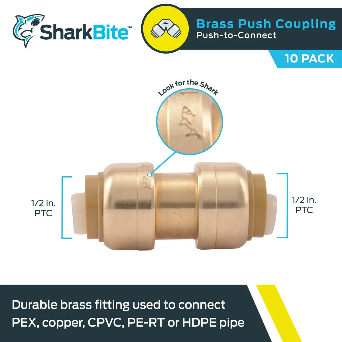 SharkBite 1/2 Inch Coupling Pack of 10 | Brass Push to Connect Plumbing Fitting for PEX, Copper, CPVC, PE-RT, HDPE - view 2