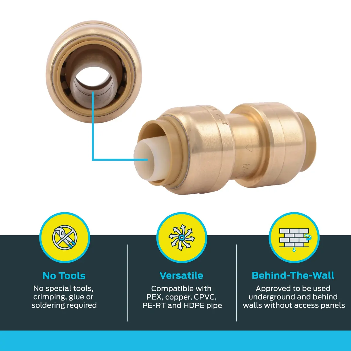 SharkBite 1/2 Inch Coupling Pack of 10 | Brass Push to Connect Plumbing Fitting for PEX, Copper, CPVC, PE-RT, HDPE - view 3