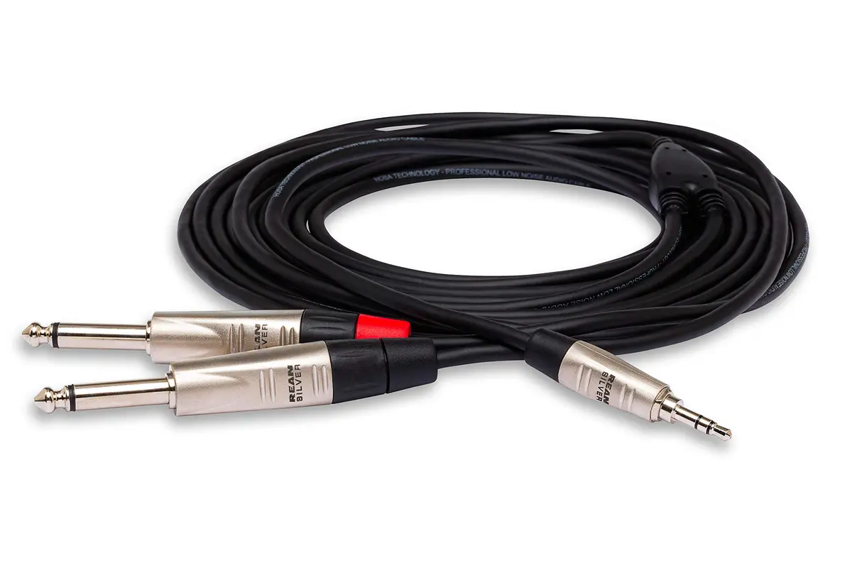 Hosa HMP-006Y Pro Stereo Breakout Cable - 3.5mm TRS to Dual 1/4-inch TS, 6 Feet | Connects portable media to pro audio gear - main product image