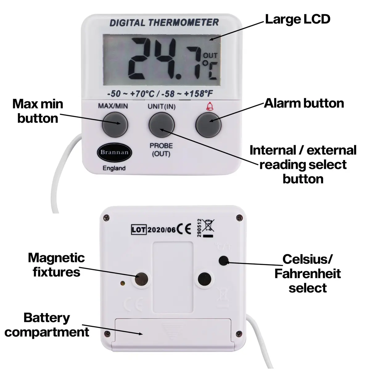 Brannan Refrigerator Thermometer Digital - Fridge & Freezer Alarm | Max Min, Alarm & Accurate - view 5