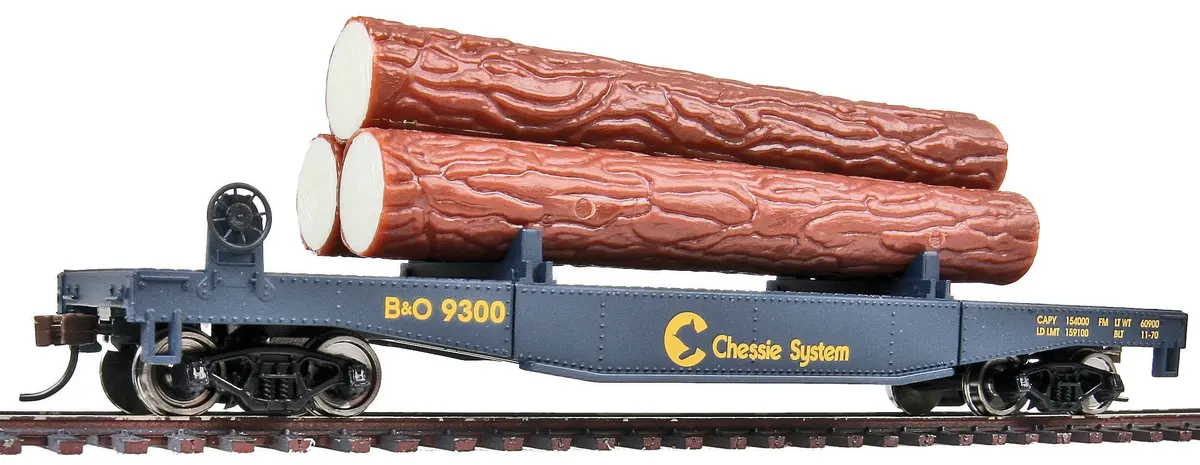 Walthers Trainline Log Dump Car with 3 Logs HO Scale Model Railroad Freight Car | Blue Yellow - main product image