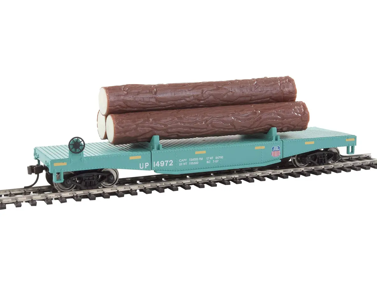 Walthers Trainline HO Scale Log Dump Car with 3 Logs - Union Pacific 14972 (MOW Scheme; Green, Yellow) | Authentic USA Import - main product image