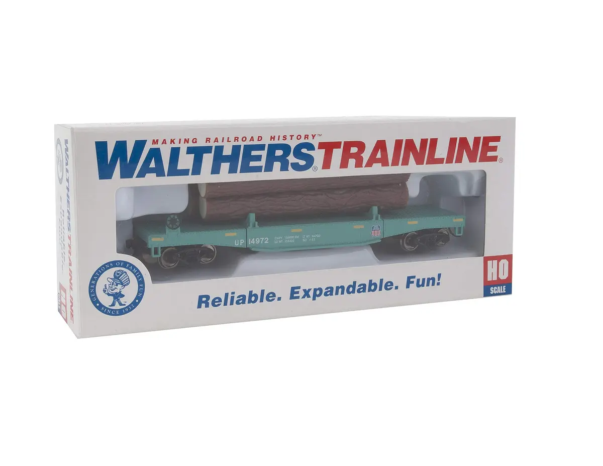 Walthers Trainline HO Scale Log Dump Car with 3 Logs - Union Pacific 14972 (MOW Scheme; Green, Yellow) | Authentic USA Import - view 5