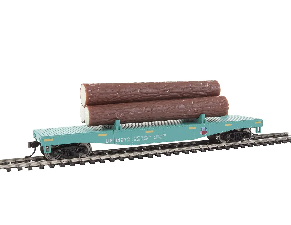 Walthers Trainline HO Scale Log Dump Car with 3 Logs - Union Pacific 14972 (MOW Scheme; Green, Yellow) | Authentic USA Import - view 2