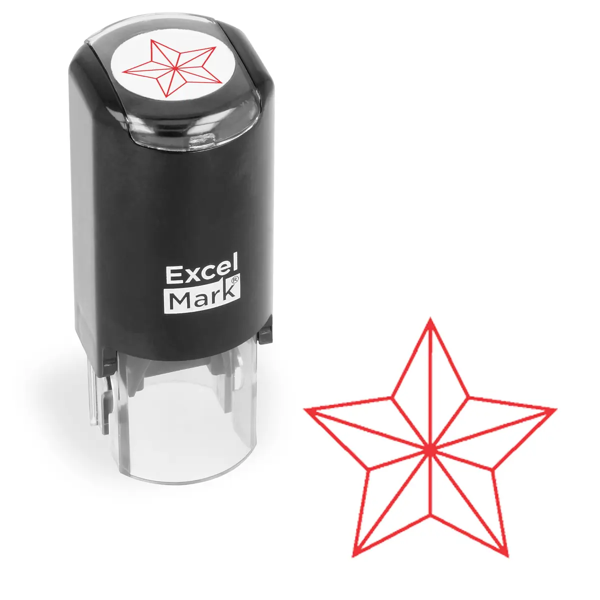 ExcelMark Self-Inking Round Teacher Stamp (Star) 1 inch x 1 inch | Thousands of impressions, easy alignment, red ink, double pad - main product image
