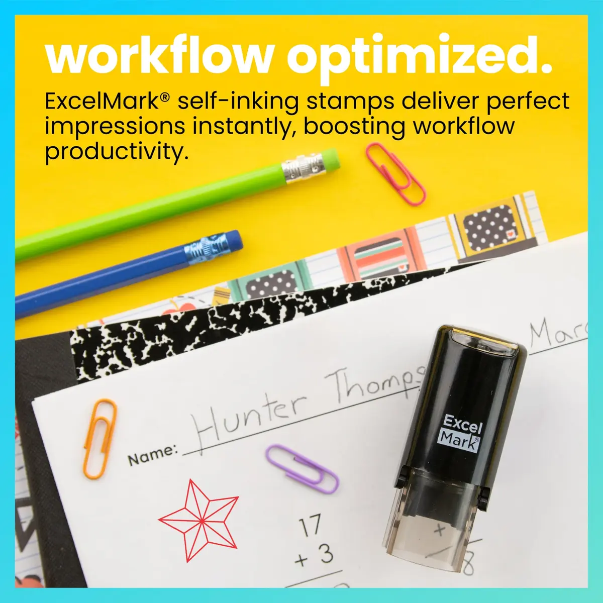 ExcelMark Self-Inking Round Teacher Stamp (Star) 1 inch x 1 inch | Thousands of impressions, easy alignment, red ink, double pad - view 2