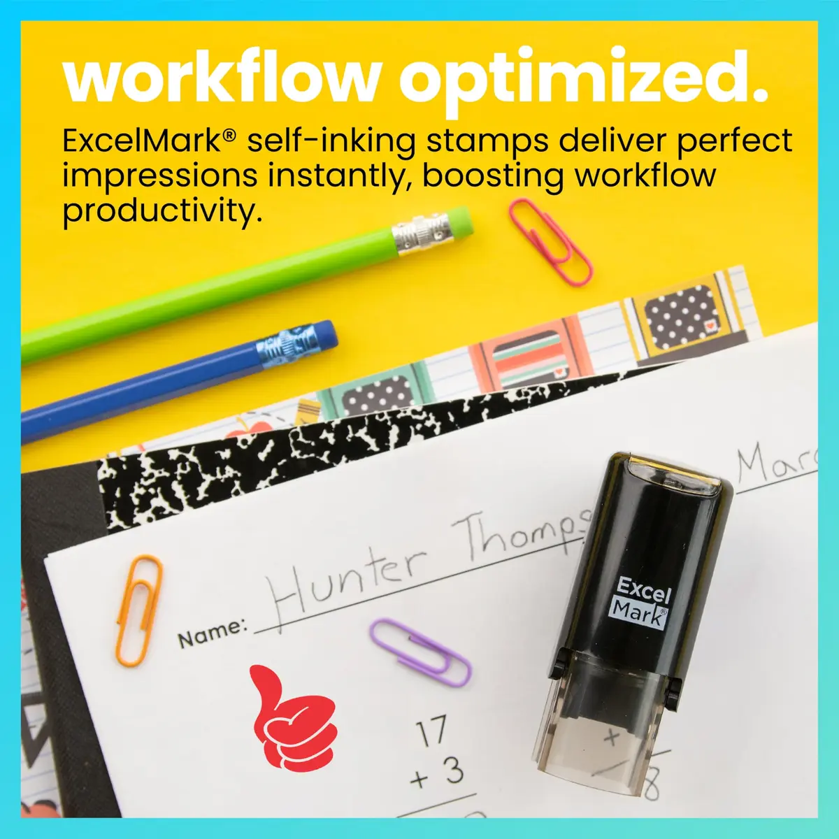 ExcelMark Round Teacher Stamp - Thumbs UP (Solid) - RED Ink | Self-Inking Rubber Stamp for Teachers - view 2