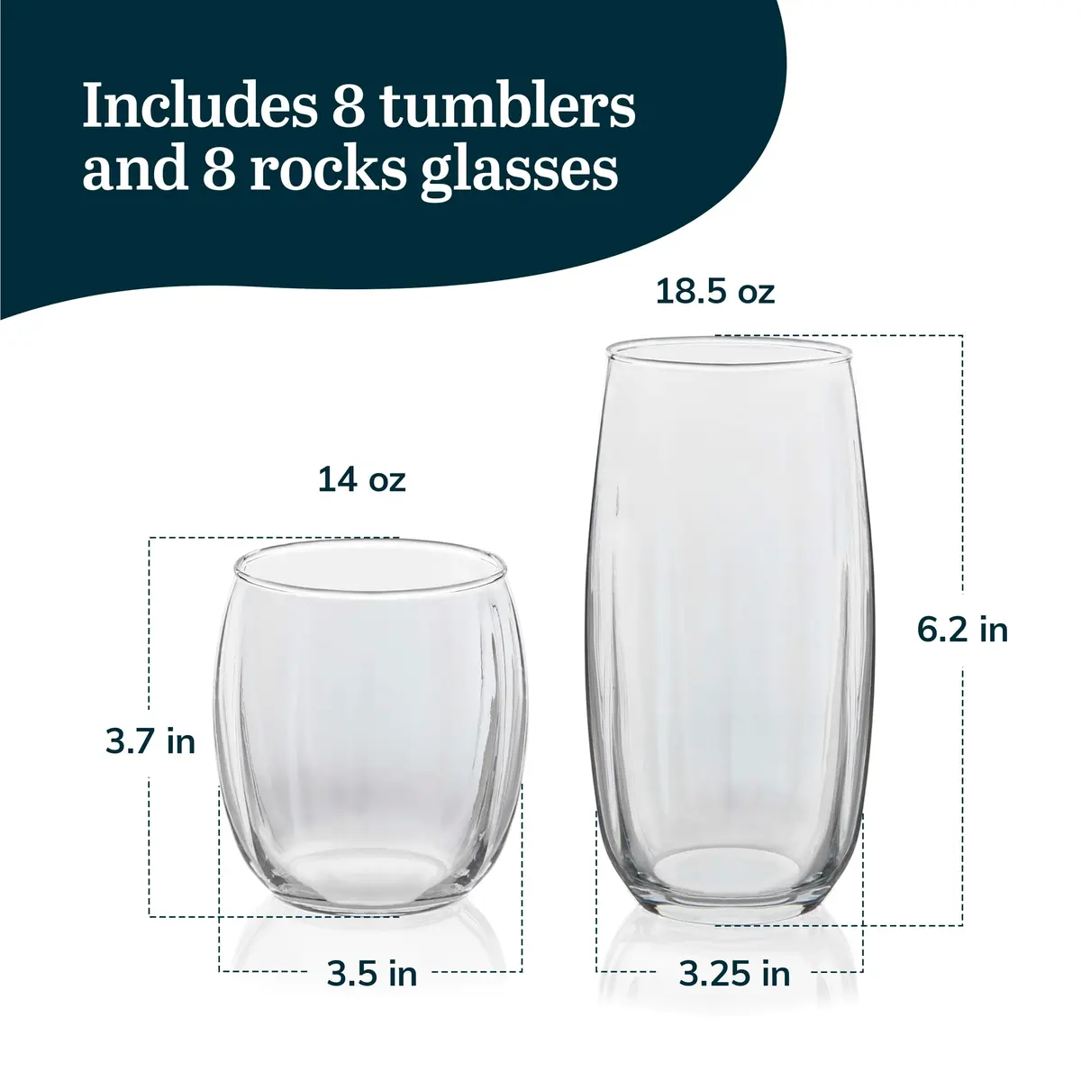 Libbey Samba Rocks and Tumbler Glass Cups Set of 16 | Versatile Dishwasher Safe Glassware - view 3