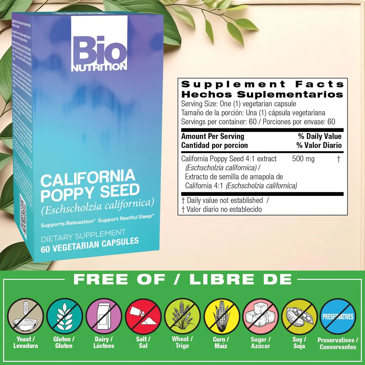 Bio Nutrition California Poppy Vegi-Caps 60 Count | Natural Relaxation & Sleep Support (100 words) - view 2