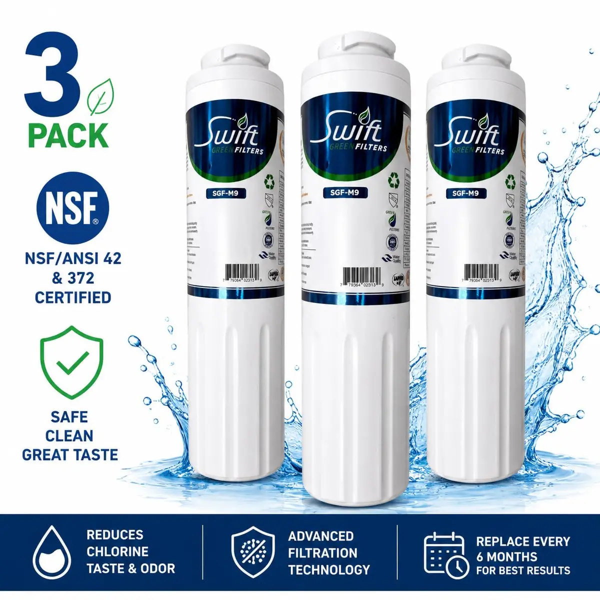 Swift Green Filters SGF-M9 Replacement Refrigerator Water Filter 3 Pack | NSF Certified, Eco-Friendly Coconut Shell Carbon, 2000-Gallon Capacity - view 2