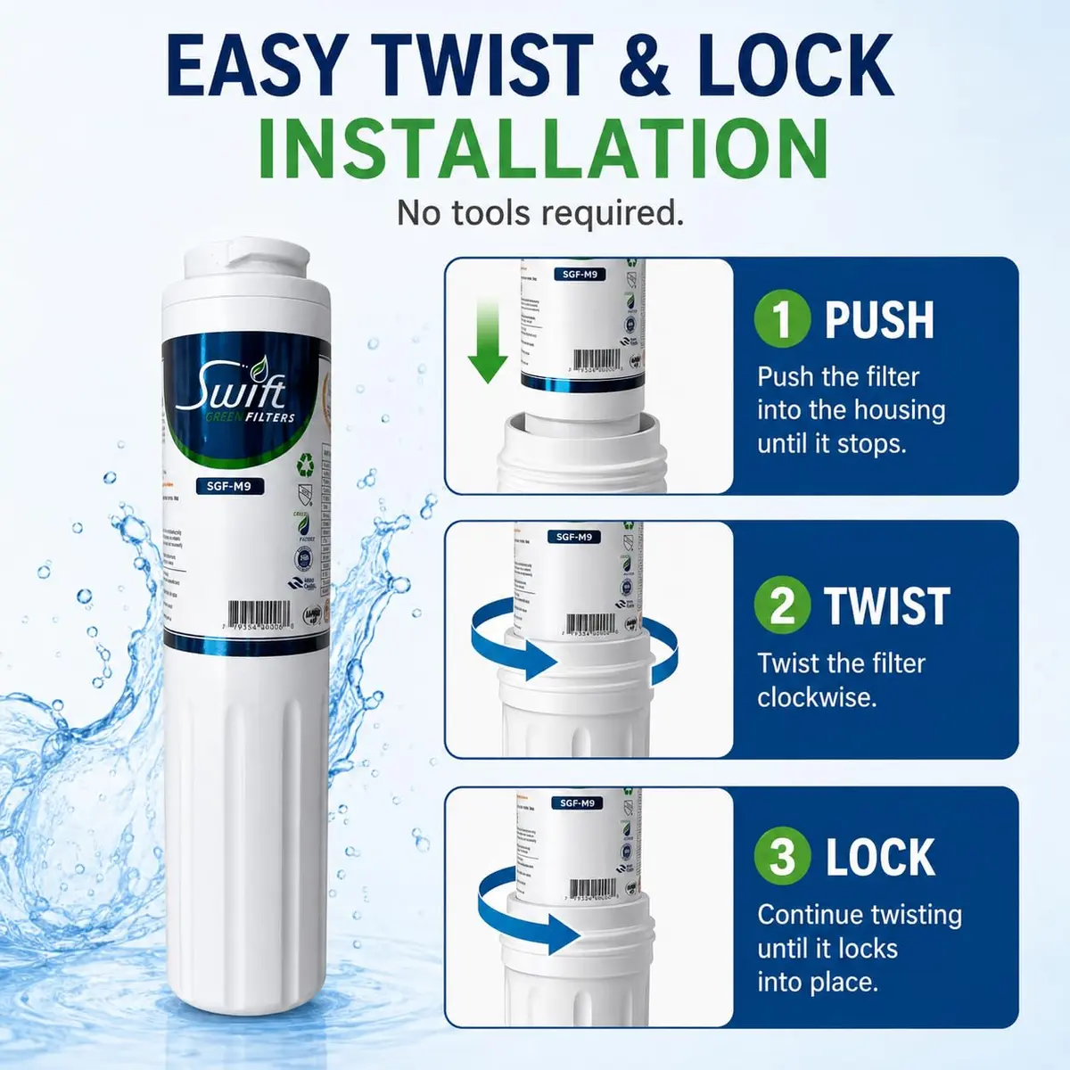 Swift Green Filters SGF-M9 Replacement Refrigerator Water Filter 3 Pack | NSF Certified, Eco-Friendly Coconut Shell Carbon, 2000-Gallon Capacity - view 3