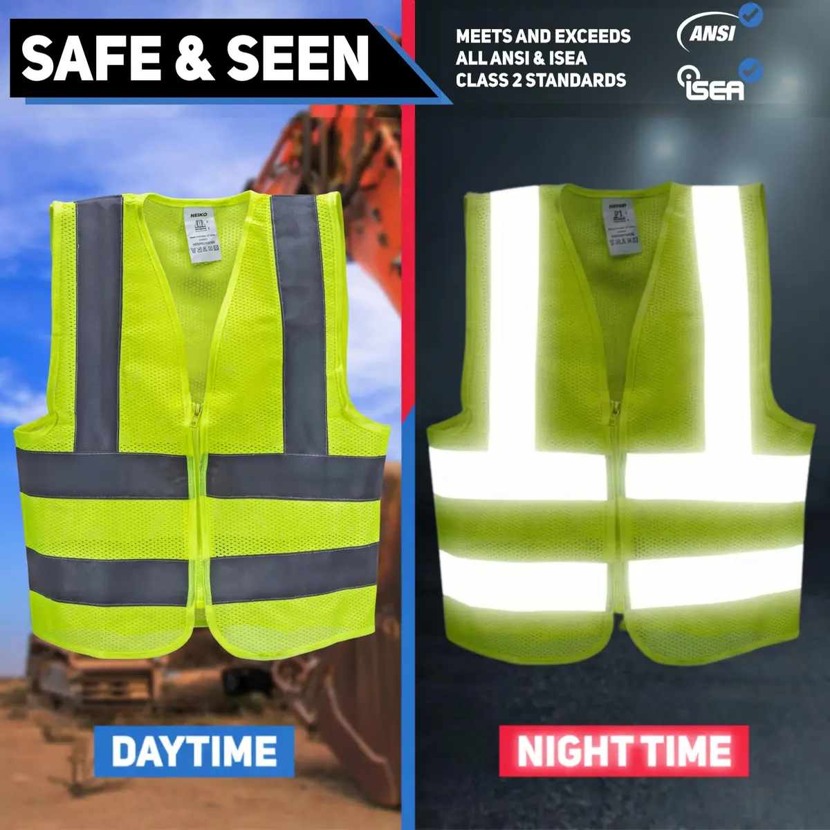 NEIKO High Visibility Safety Vest ANSI Class 2, No Pocket, Neon Yellow, XX-Large (2XL) | ANSI Class 2 Reflective Vest - view 3