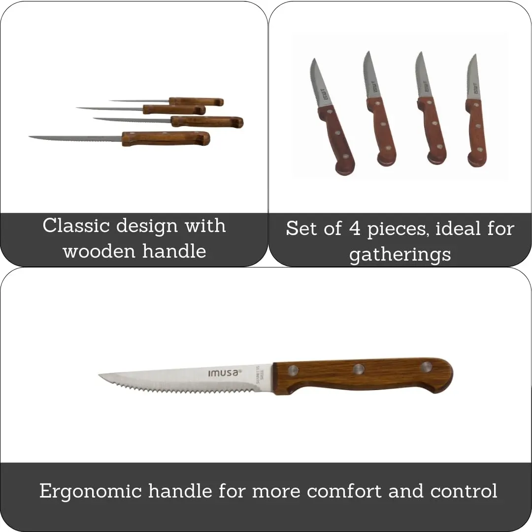 IMUSA 4 Piece Stainless Steel Steak Knife Set with Wood Handle | Serrated Edges for Precision Cutting - view 2