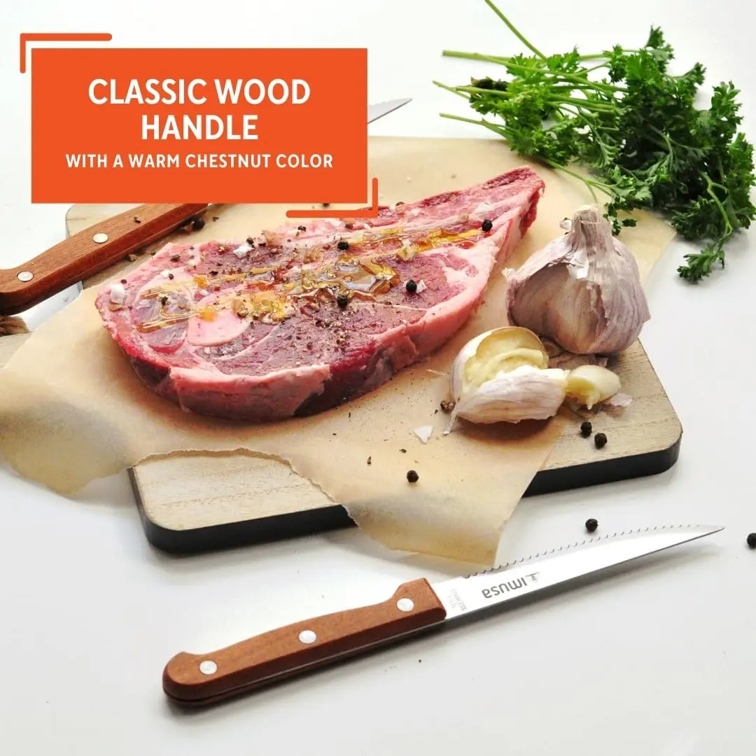 IMUSA 4 Piece Stainless Steel Steak Knife Set with Wood Handle | Serrated Edges for Precision Cutting - view 4