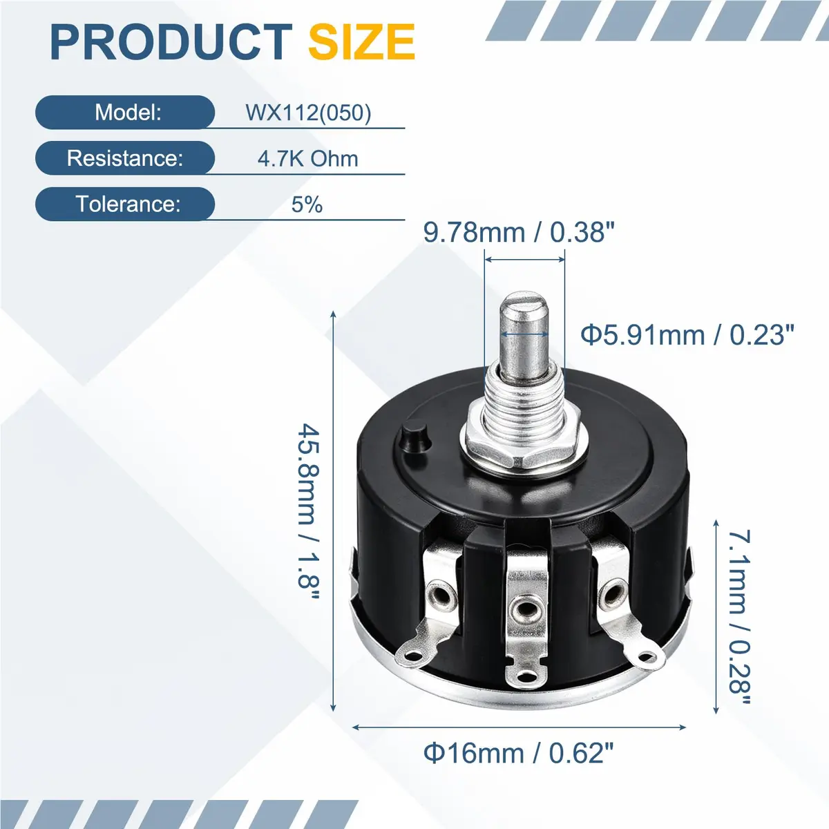 uxcell WX112(050) 5W 4.7K Ohm Single Turn Wire Wound Potentiometer 5.91mm (0.23") Shaft | Precision Control for Instruments - view 2