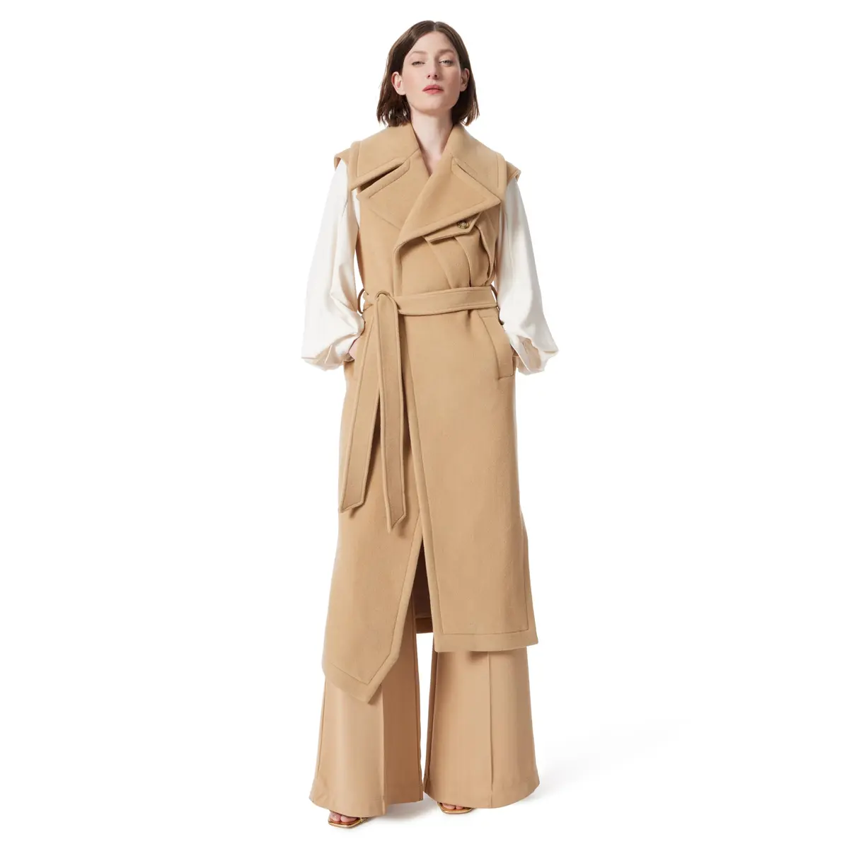 DEE OCLEPPO Womens Sydney Wrap Vest Belted Trench | Sleeveless, Camel, X-Small - main product image