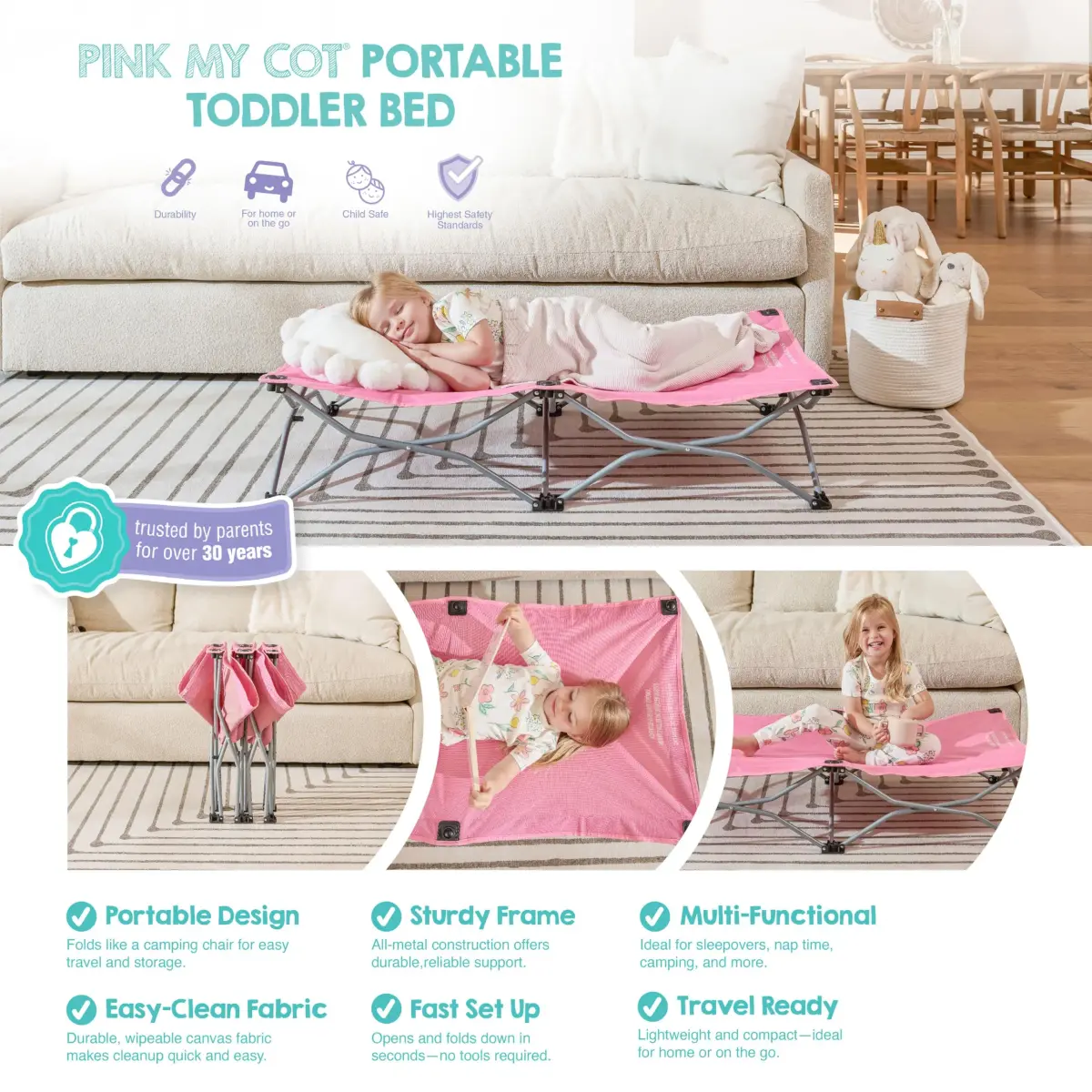 Regalo My Cot Portable Toddler Bed Pink 120cm (48in) x 61cm (26in) | Foldable Kids Travel Bed for Ages 2-5 - view 3