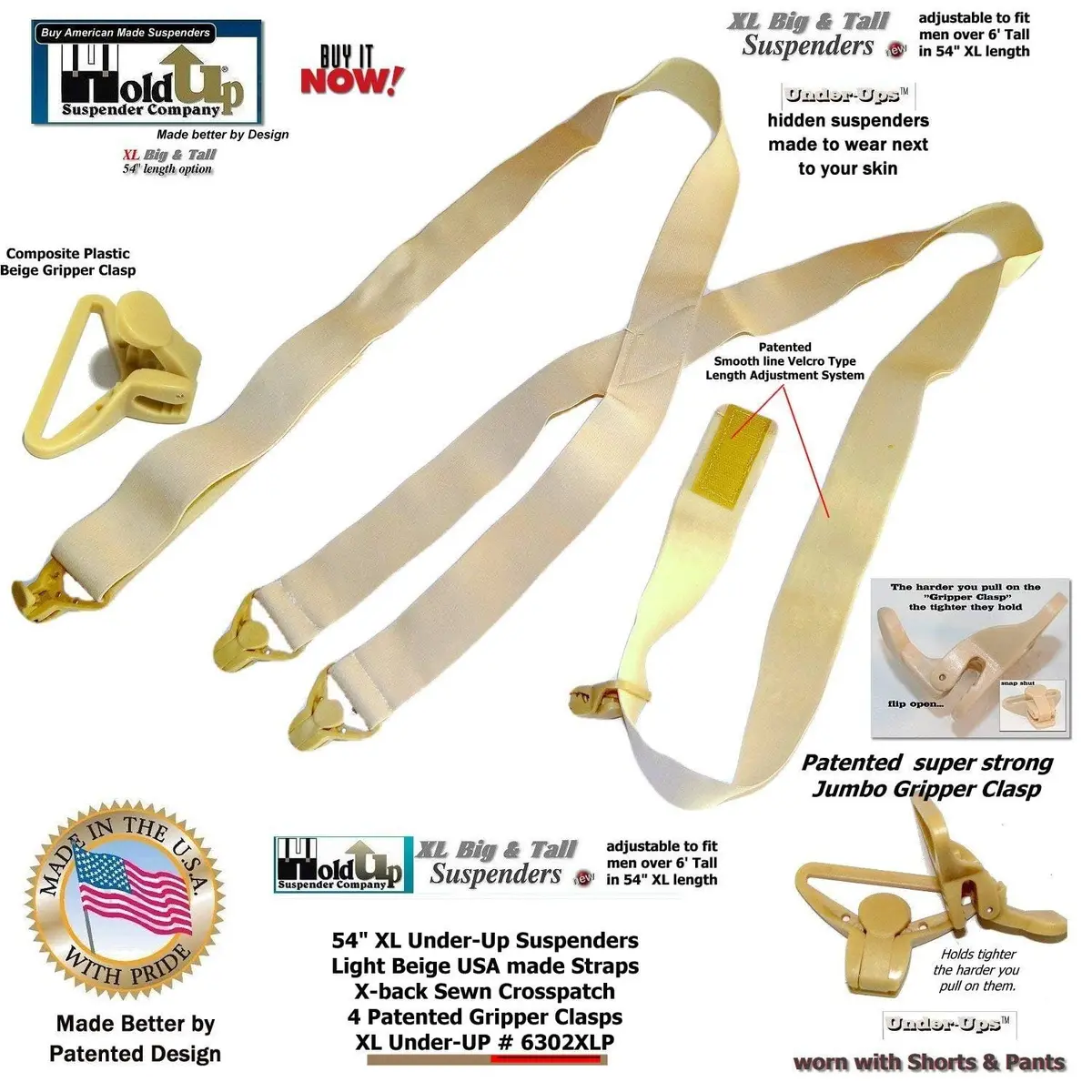Hold-Up Tan XL 1.5-Inch X-Back Under-Ups Suspenders with Gripper Clasps | product 11e8ac40 - view 5
