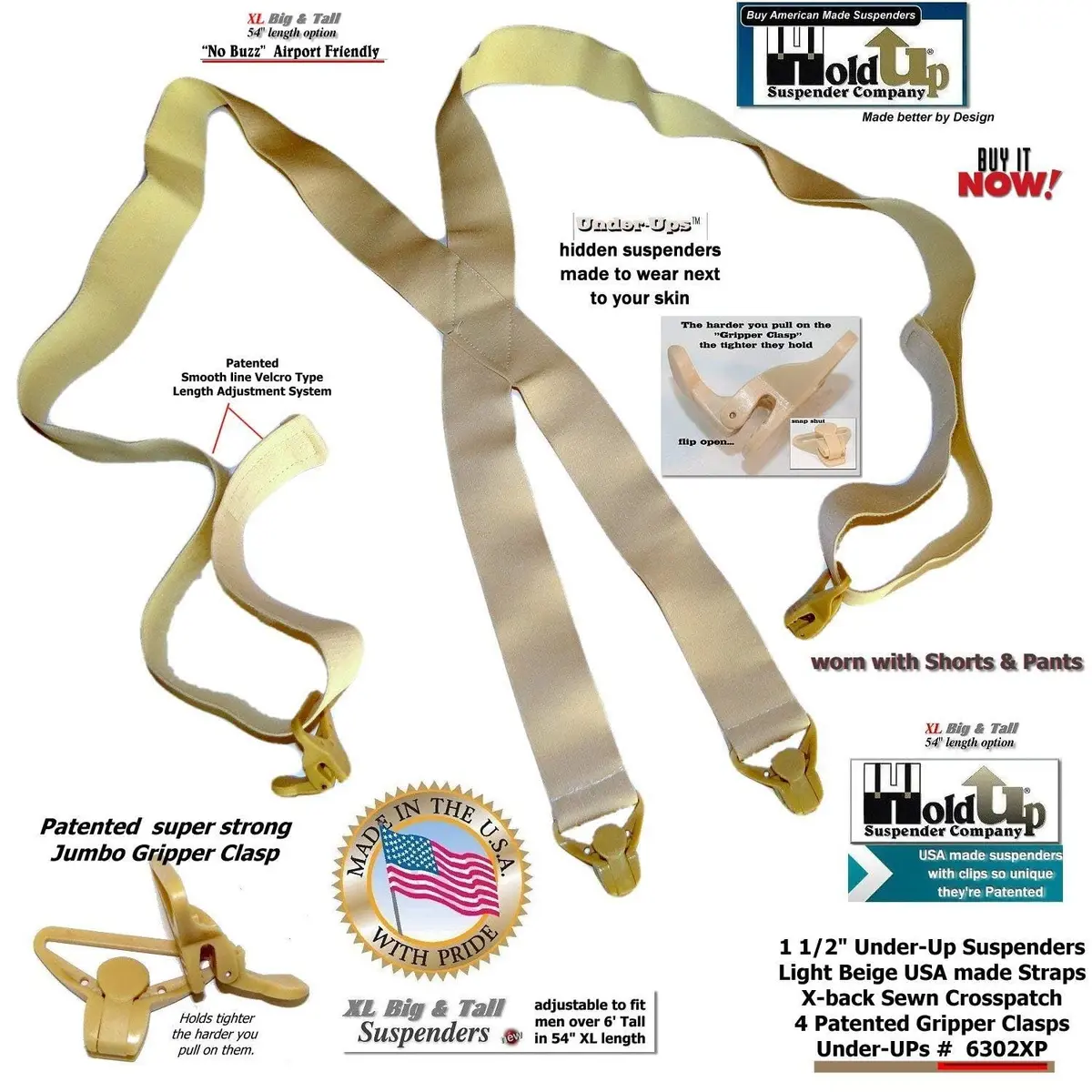 Hold-Up Tan XL 1.5-Inch X-Back Under-Ups Suspenders with Gripper Clasps | product 11e8ac40 - view 6