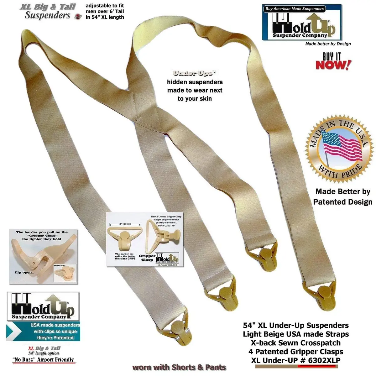 Hold-Up Tan XL 1.5-Inch X-Back Under-Ups Suspenders with Gripper Clasps | product 11e8ac40 - view 7