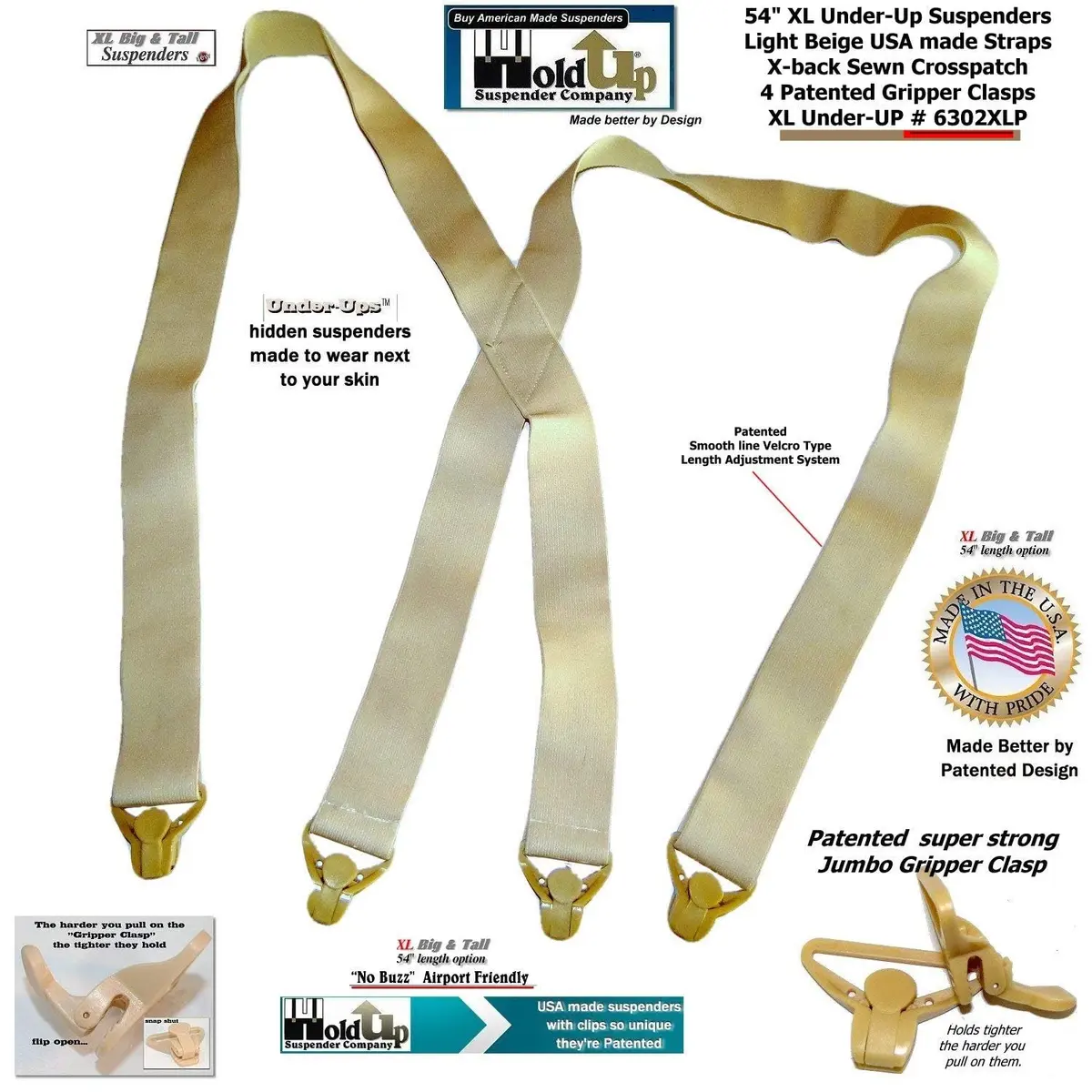 Hold-Up Tan XL 1.5-Inch X-Back Under-Ups Suspenders with Gripper Clasps | product 11e8ac40 - view 8