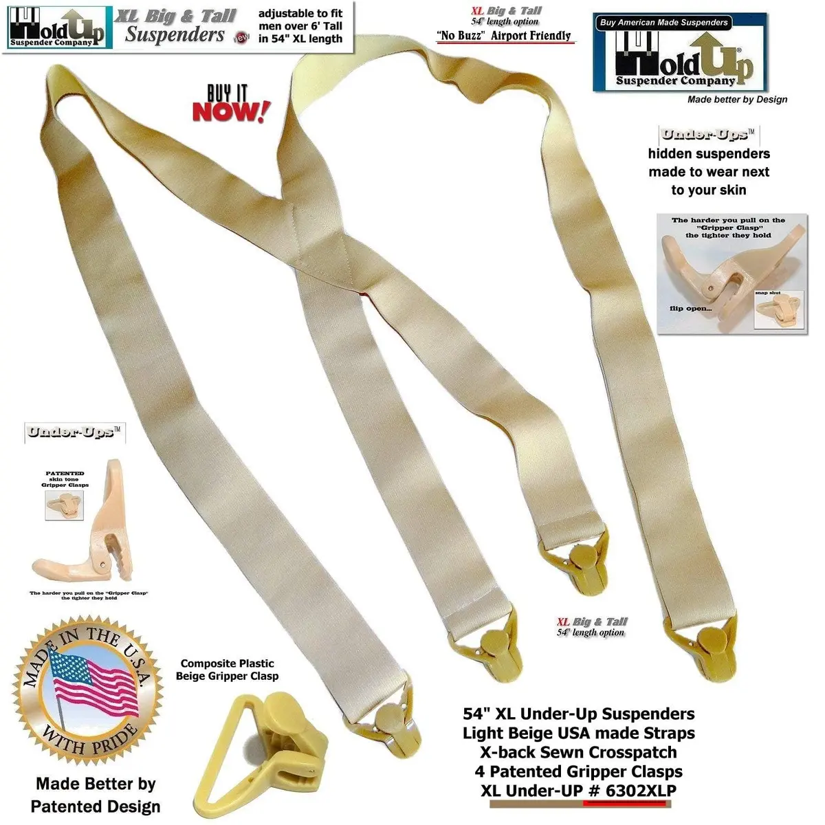 Hold-Up Tan XL 1.5-Inch X-Back Under-Ups Suspenders with Gripper Clasps | product 11e8ac40 - view 4