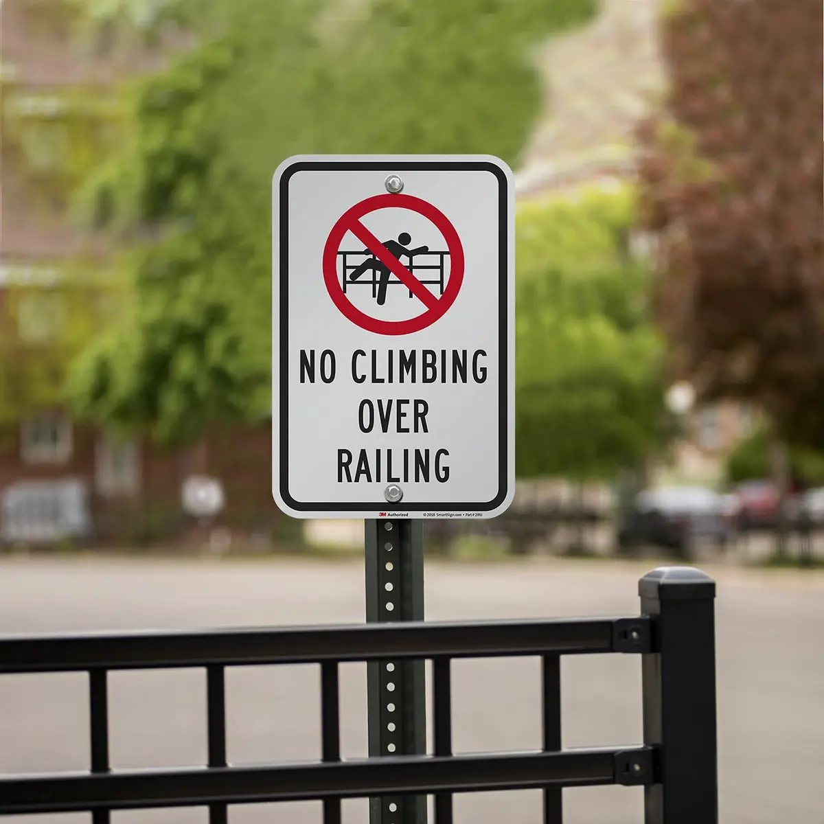 SmartSign No Climbing Over Railing Sign 18 x 12 inch Aluminum Reflective Sign, Red, Black & White - view 2