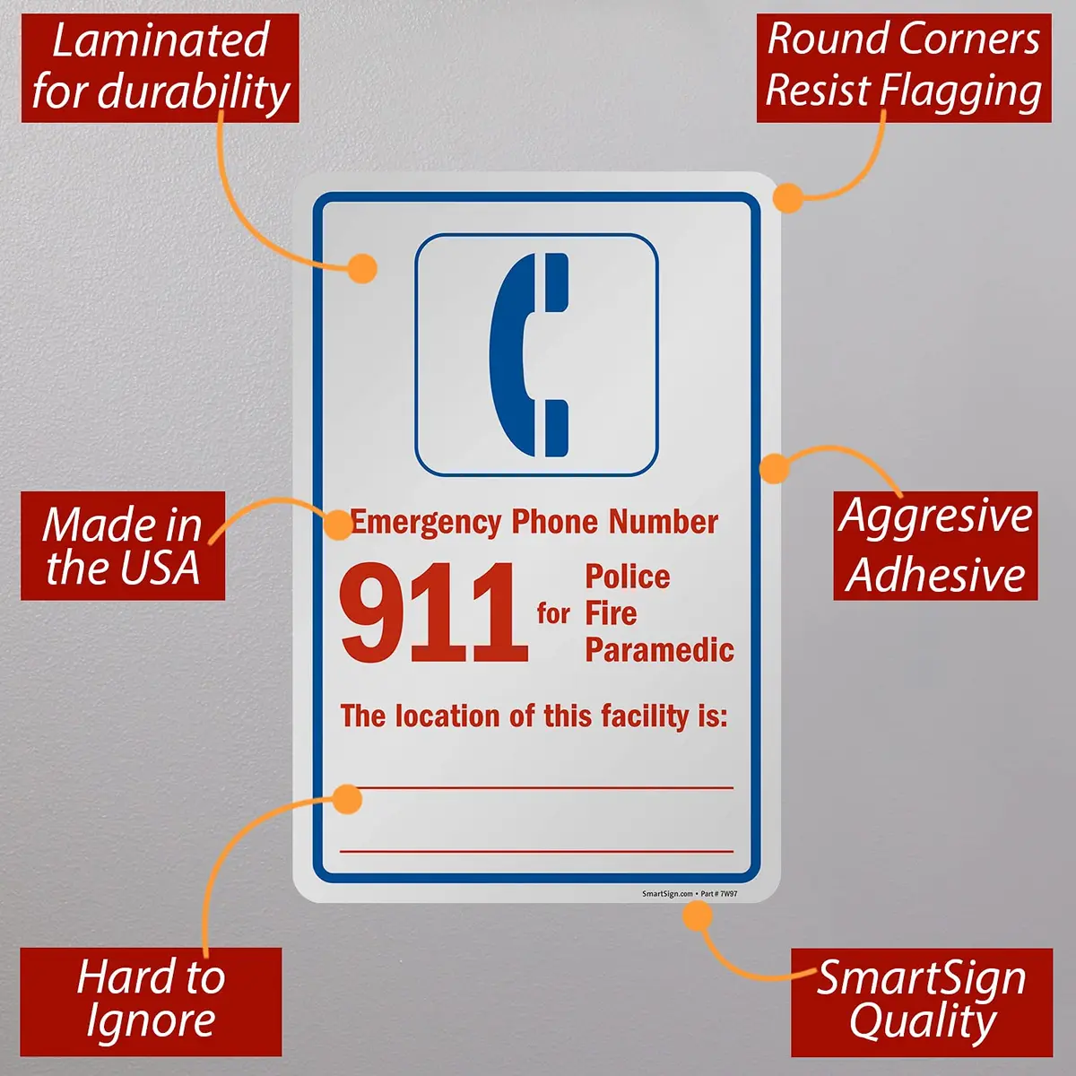 SmartSign Emergency Phone Number 911 Label | Laminated Vinyl, 12" x 18" - view 5