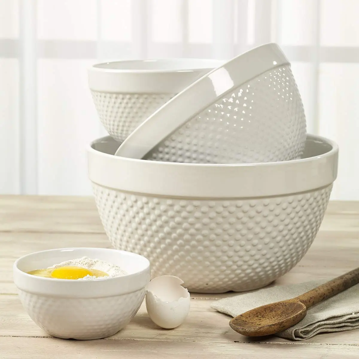 TTU Mixing Bowls Set 4-Piece Classic White Stoneware Nesting for Baking & Cooking - view 5