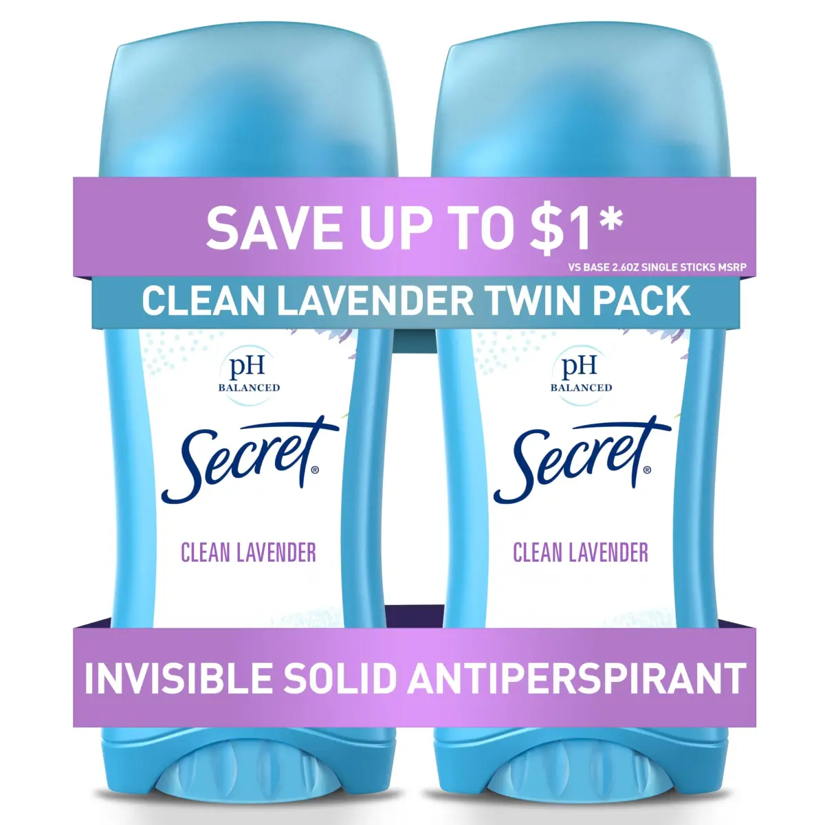 Secret Invisible Solid Clean Lavender Antiperspirant & Deodorant for Women, 5.2 oz (2.6 oz x 2) | 24hr Sweat & Odor Protection - main product image