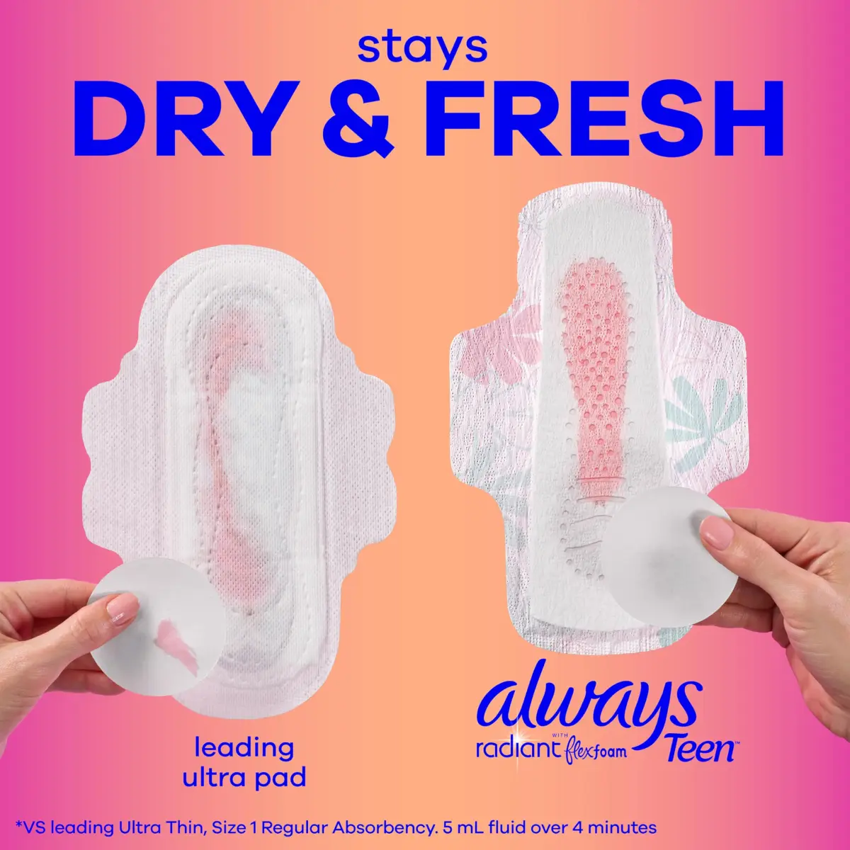 Always Radiant Teen Feminine Pads Regular Absorbency with Wings, 14 Count (14 Pads) | Dermatologist Tested by Skin Health Alliance - view 8