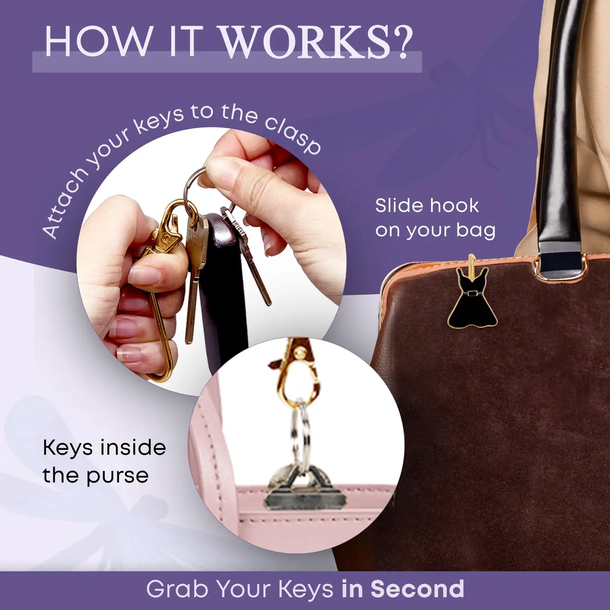 Finders Key Purse Women’s Bag Charm Key Finder, Car Keychain Hook, Gold & Black Dress | Stylish & Multifunctional - view 5