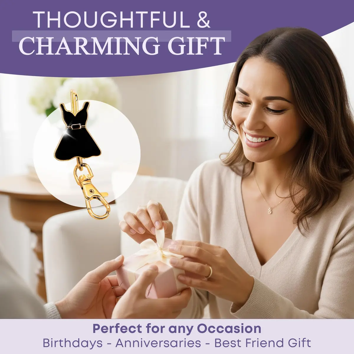 Finders Key Purse Women’s Bag Charm Key Finder, Car Keychain Hook, Gold & Black Dress | Stylish & Multifunctional - view 6