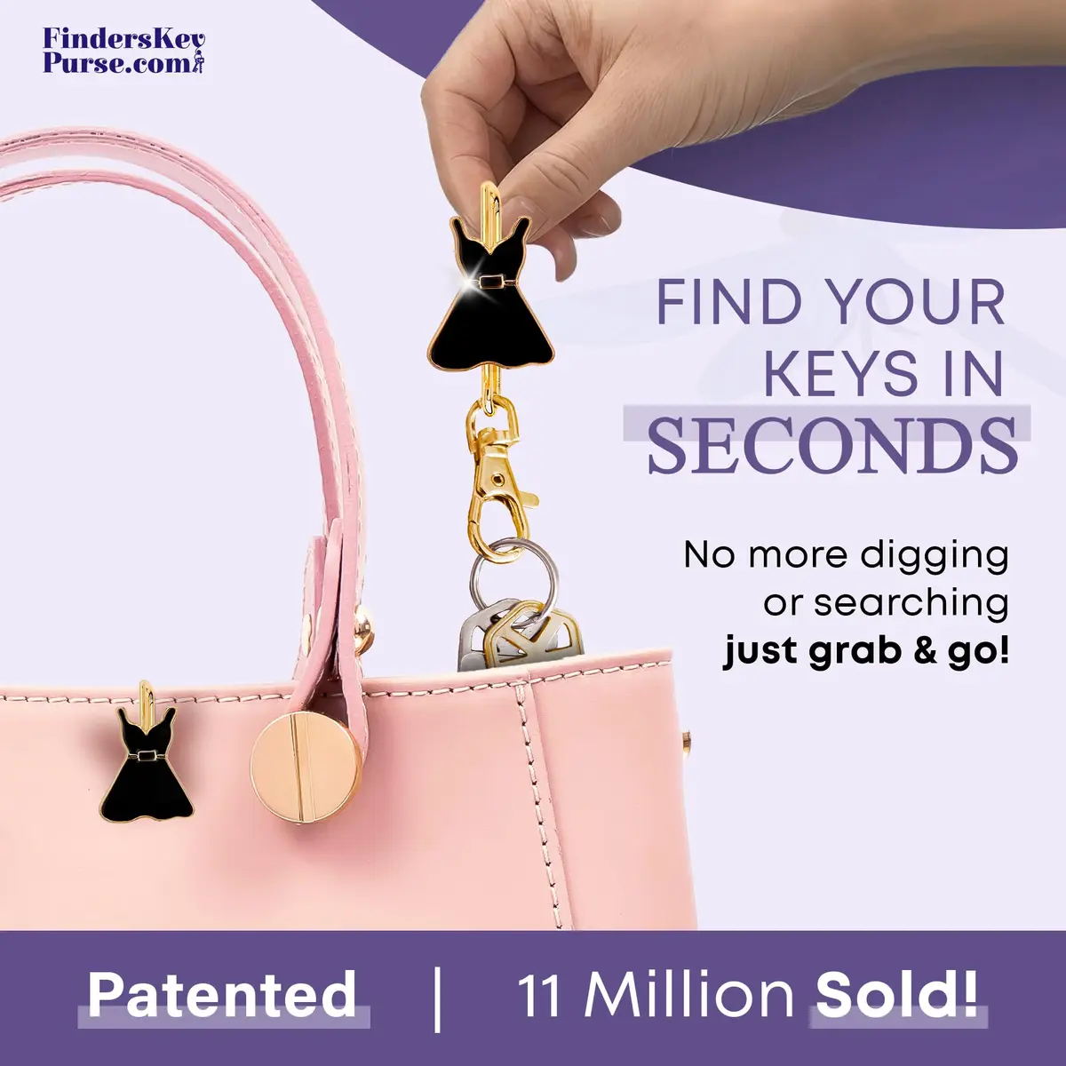 Finders Key Purse Women’s Bag Charm Key Finder, Car Keychain Hook, Gold & Black Dress | Stylish & Multifunctional - view 2