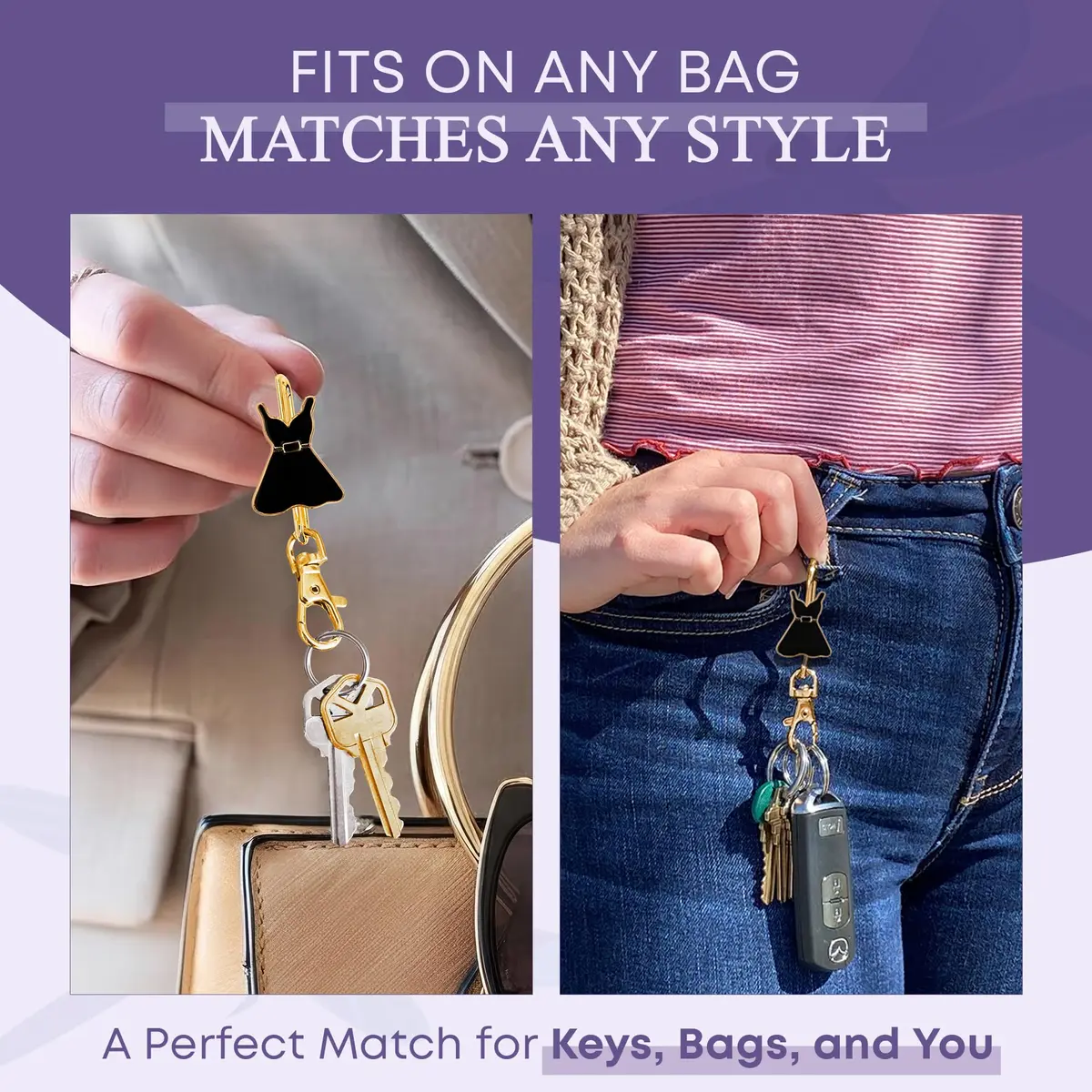 Finders Key Purse Women’s Bag Charm Key Finder, Car Keychain Hook, Gold & Black Dress | Stylish & Multifunctional - view 4