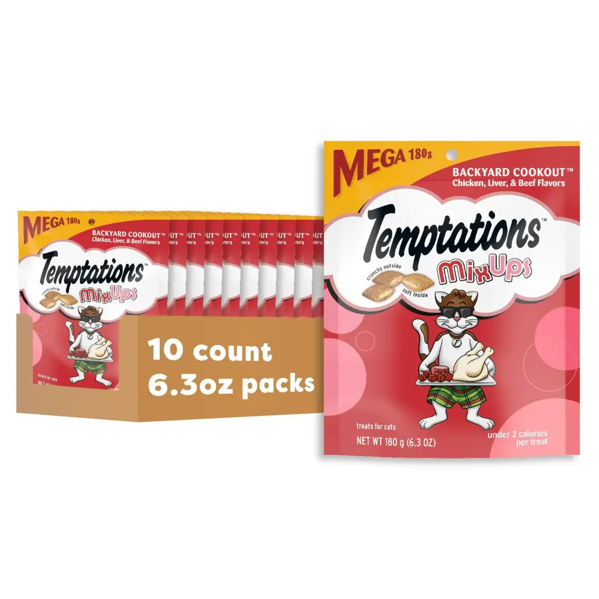 Temptations MixUps Crunchy and Soft Cat Treats, Backyard Cookout Flavor, 6.3oz (179g) x 10pk | Under 2 Calories Per Treat - main product image
